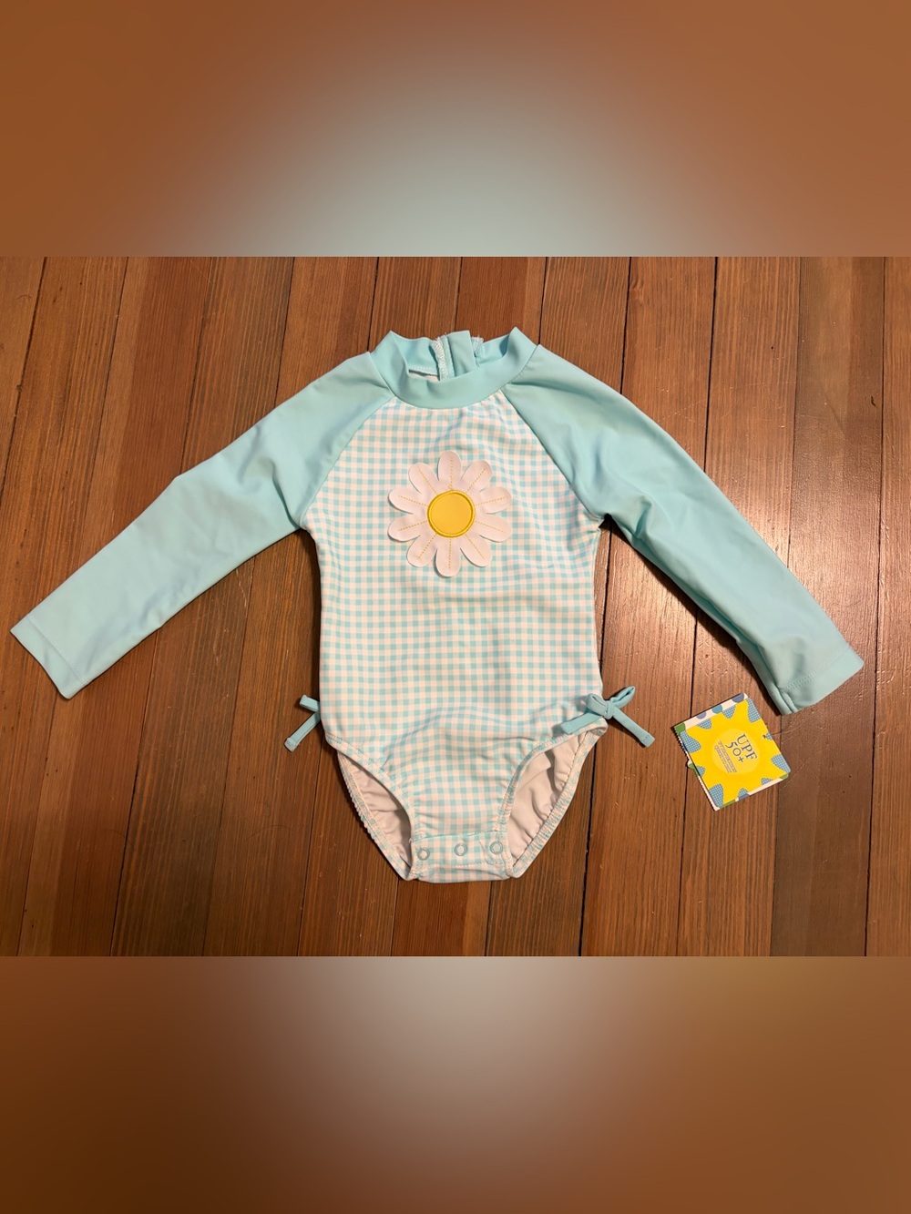 NWT kids Long-Sleeve Daisy Gingham Rash Guard Swimsuit - Light Blue: size 18 mo